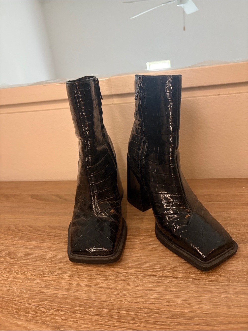 Circus NY Croc-Embossed Square Toe Block Heel Ankle Boots - Black